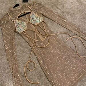 Rhinestone embellished long sleeve, mock neck mini dress